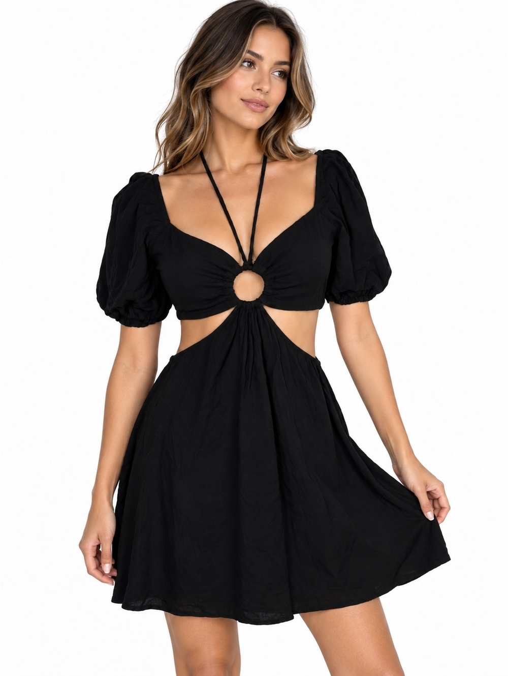 Forever 21 Black Cutout Mini Dress Small Y2K Ring Puff Sleeve Halter